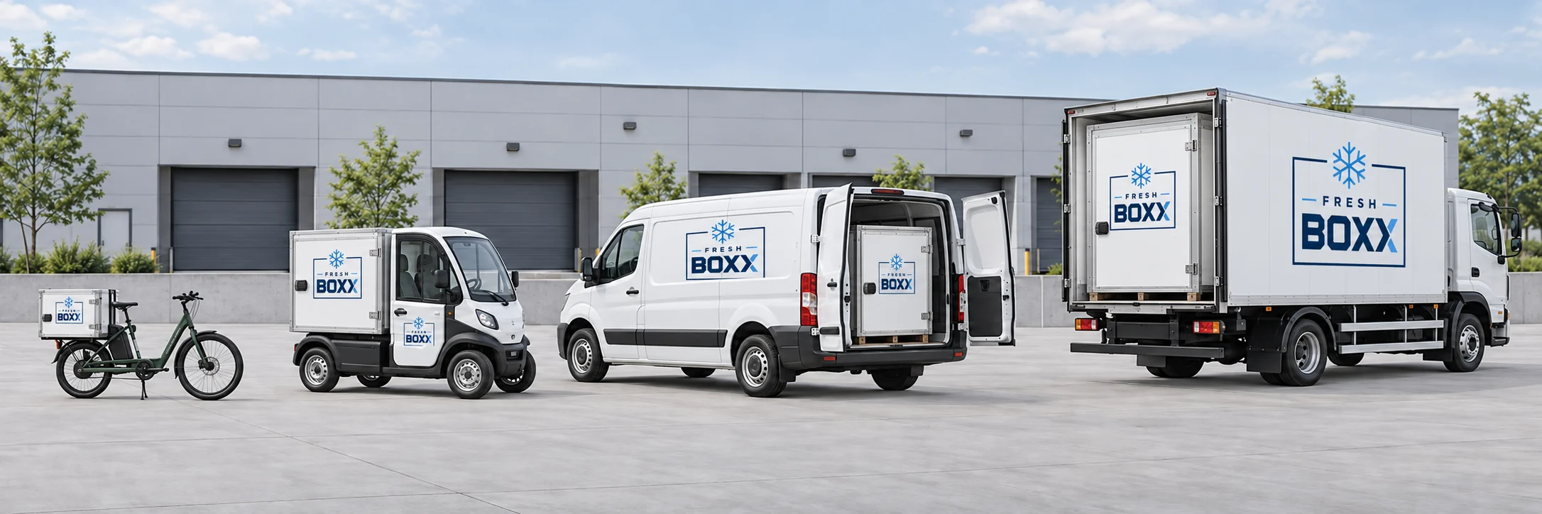 Visualisierte FreshBoxx-Fahrzeugflotte mit gebrandeten Kühlboxen: Lastenrad, Elektrofahrzeug, Transporter und 7,5-Tonner mit großem Kühlraum.