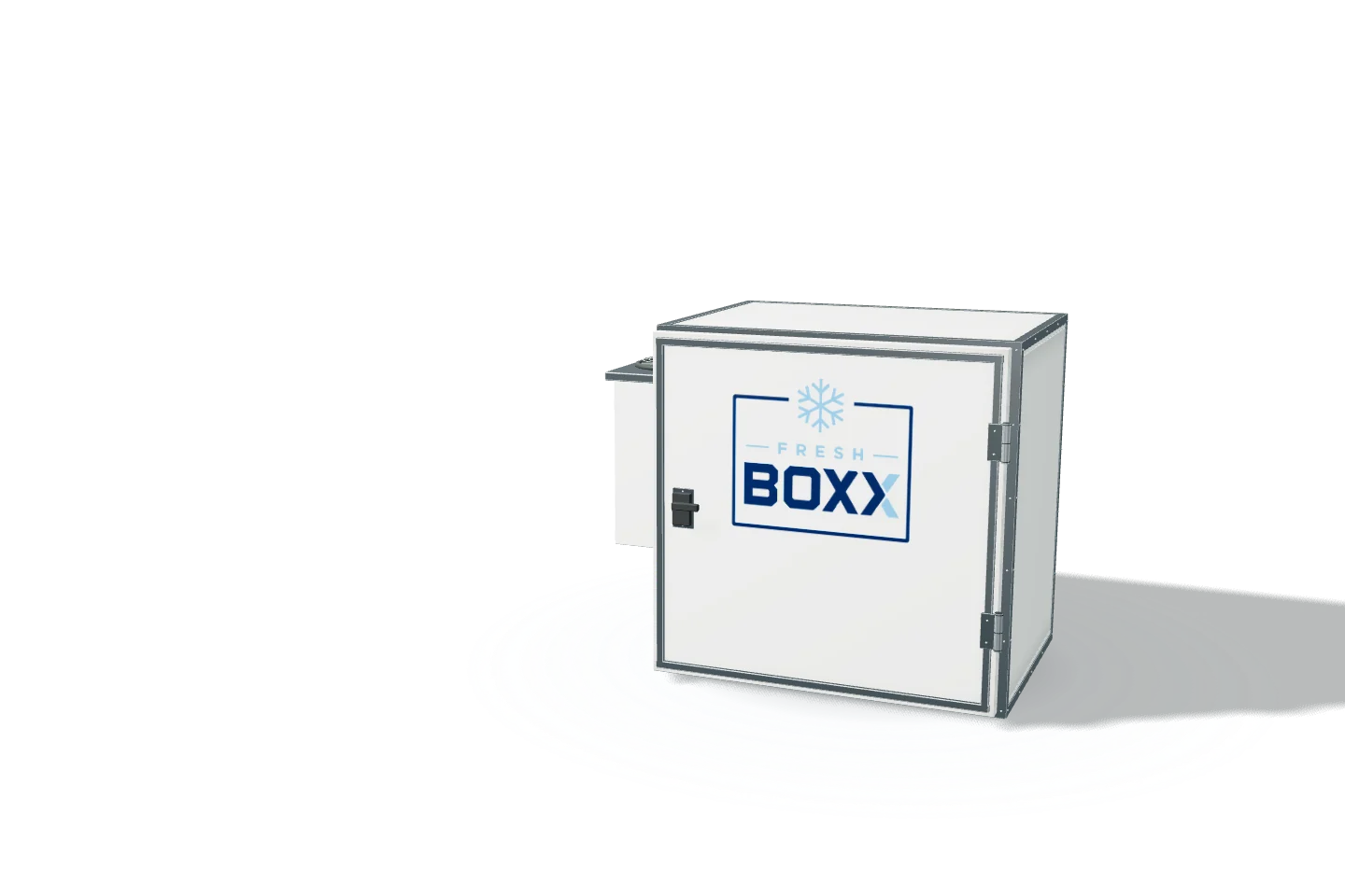 FreshBoxx mit weißer Tür und seitlichem Kühlaggregat