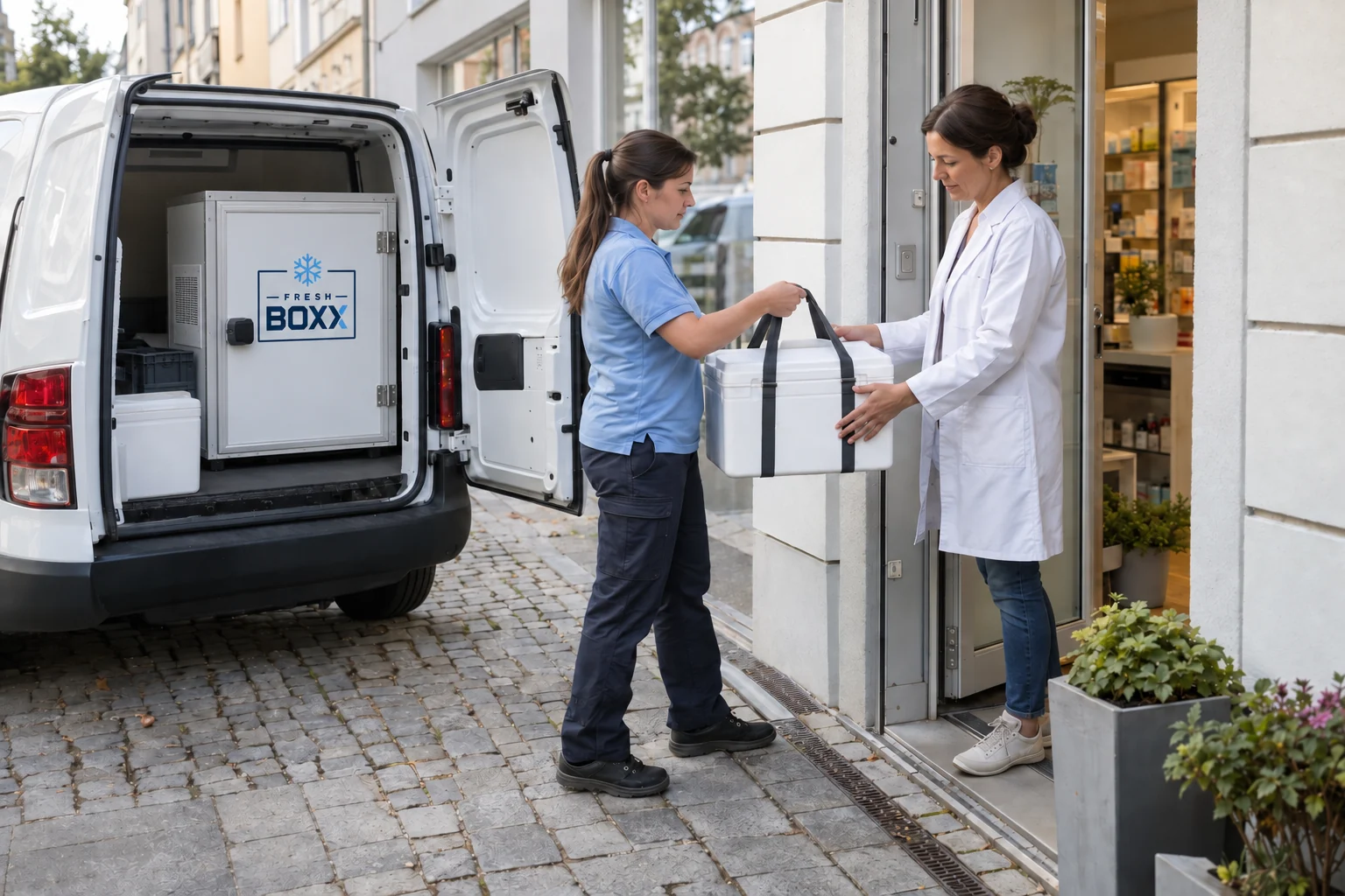 Visualisierte Pharmalieferung mit gebrandeter FreshBoxx im Transporter: Eine Kurierin übergibt einen isolierten Transportbehälter an eine Apothekerin.